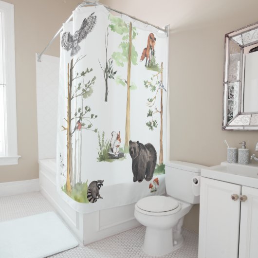Rideaux De Douche Ours Aquarelle Faune Bois Forêt Animaux (En situation)