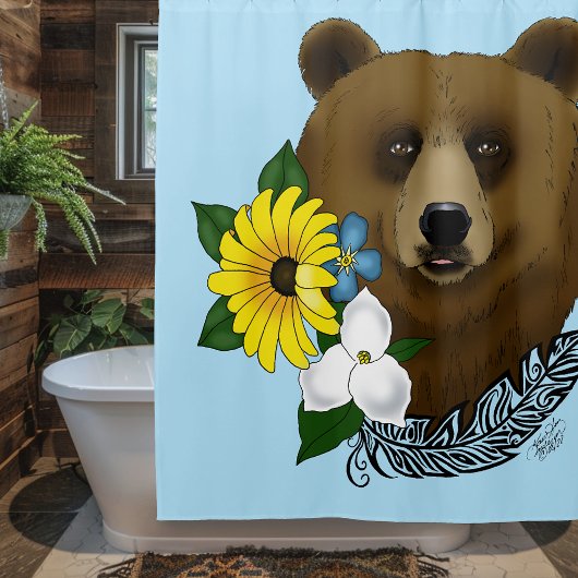 Rideaux De Douche Ours Brun Fleurs Bleues Plume Faune