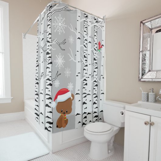 Rideaux De Douche Ours brun mignon dans les forêts neige cardinal (En situation)