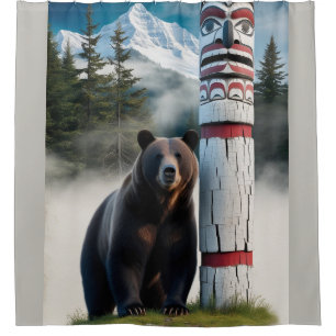 Rideaux De Douche Ours grizzli avec Totem Pole Art de la faune