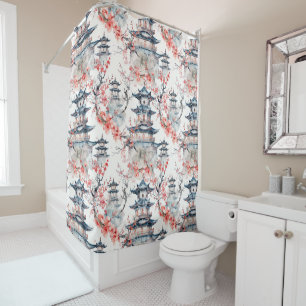 Rideaux De Douche Pagode chinoise aquarelle aux fleurs de cerisiers