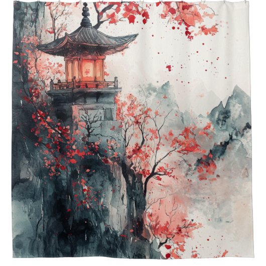Rideaux De Douche Pagode Crimson Sakura Aquarelle (Devant)