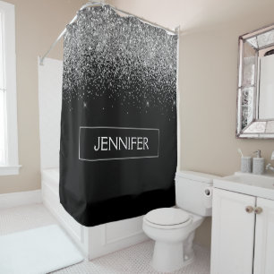 Rideaux De Douche Paillettes Noir Argenté Monogramme Nom Féminin