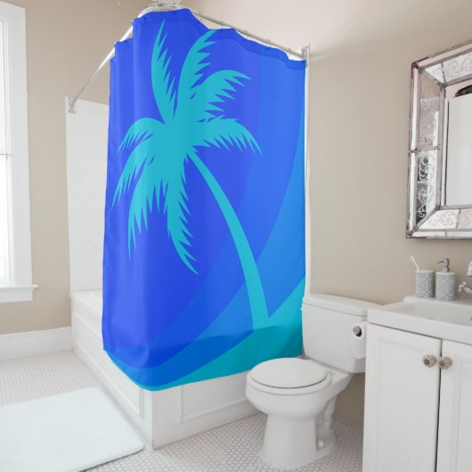 Rideaux De Douche Palm Tree Retro Beach Tropical Blue (En situation)