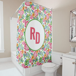 Rideaux De Douche Palme tropicale Feuilles Monogramme vert rose