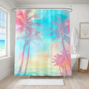 Rideaux De Douche Palmier Tropicaux Pastel Doux Turquoise Rose Côtie
