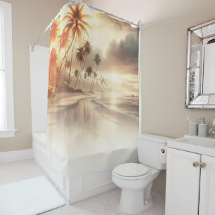Rideaux De Douche Palmiers et coucher de soleil orange sur la plage