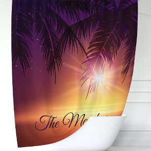 Rideaux De Douche Palmiers tropicaux Violet Coucher de soleil Monogr