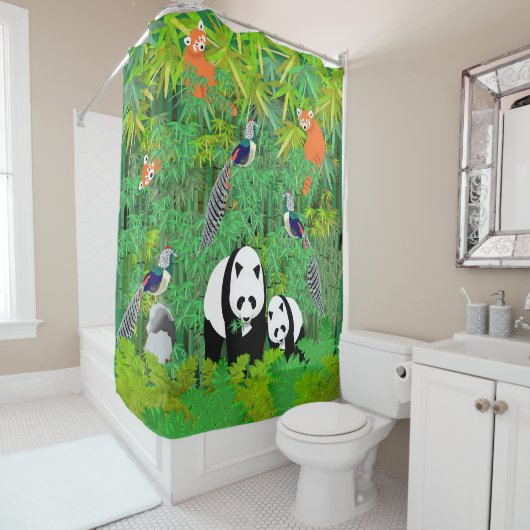 Rideaux De Douche Pandas Lady Amherst's Pheasants Rouge Pandas Bambo (En situation)
