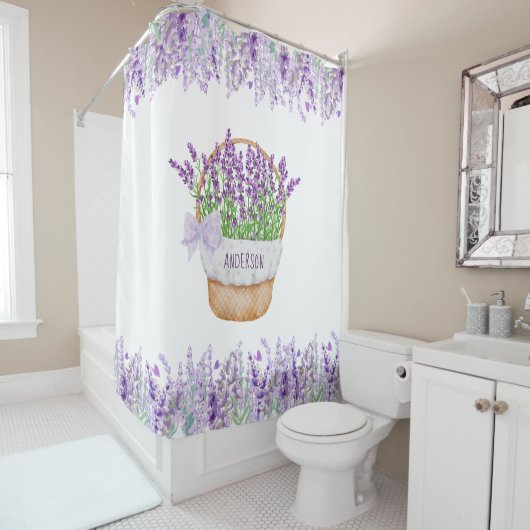 Rideaux De Douche Panier de fleurs de lavande avec monogramme vert p (En situation)