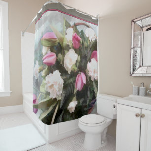 Rideaux De Douche Panier des tulipes roses et des oeillets blancs