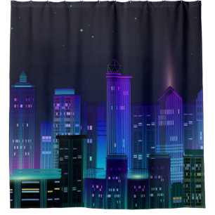 Rideaux De Douche Panorama de la ville de nuit avec lumière néon sur