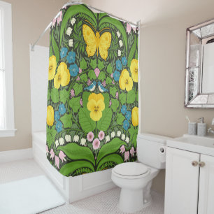 Rideaux De Douche Pansies jaunes, oiseaux et papillons