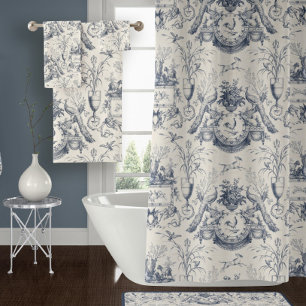 Rideaux De Douche Paon Vintage Toile de Jouy Bleue Coq et Lapin