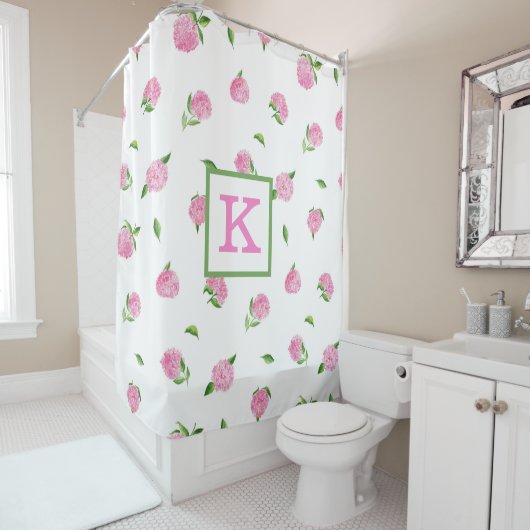 Rideaux De Douche Papier Aquarelle Monogramme Hydrangea Rose Élégant (En situation)
