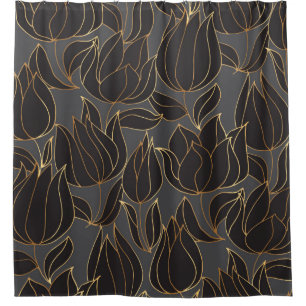 Rideaux De Douche Papier de luxe noir et or tulipe floral sans soudu