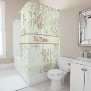 Rideaux De Douche Papier Monogrammé Rose Florale Rose Vert