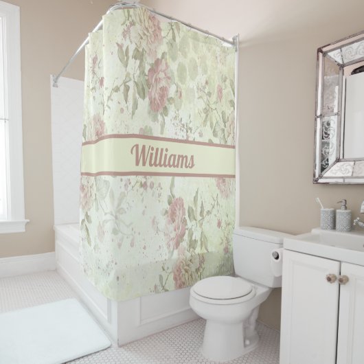 Rideaux De Douche Papier Monogrammé Rose Florale Rose Vert (En situation)