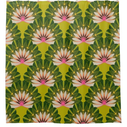 Rideaux De Douche Papier peint en lotus stylisé : rose, vert. (Devant)