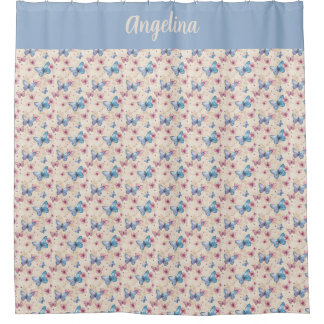 Rideaux De Douche Papier peint papillon rose bleu à motif nom