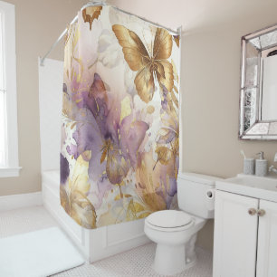 Rideaux De Douche Papillon aquarelle violet et or Papillons