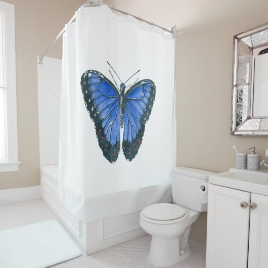 Rideaux De Douche Papillon bleu Morpho aquarelle peinture (En situation)