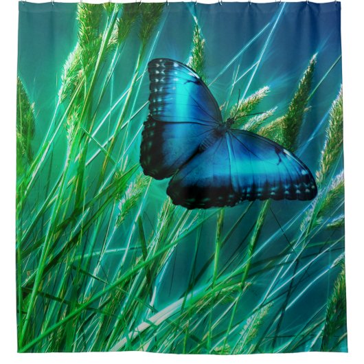 Rideaux De Douche Papillon bleu Morpho sur herbe verte (Devant)