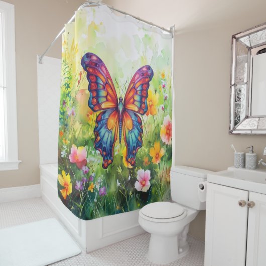 Rideaux De Douche Papillon Bleu Orange ailes (En situation)