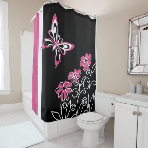 Rideaux De Douche Papillon et fleurs roses de canneberge