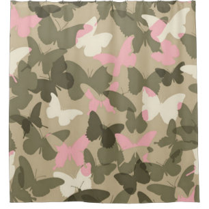 RIDEAUX DE DOUCHE "PAPILLON ROSE, BLANC ET VERT CAMO "
