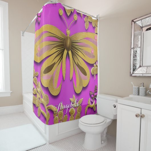 Rideaux De Douche Papillon rose-rose-rose-rose-rouge Nom personnalis (En situation)