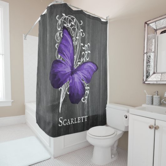 Rideaux De Douche Papillon rustique violet Personnalisé (En situation)