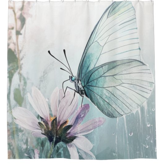 Rideaux De Douche Papillon sarcelle menthe Fleur pastel doux (Devant)