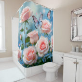 Rideaux De Douche Papillon Sur Fleur Rose (En situation)