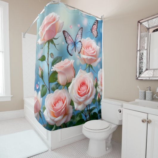 Rideaux De Douche Papillon Sur Fleur Rose (En situation)