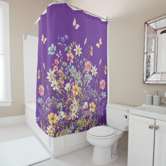 Rideaux De Douche Papillon Violet et Fleurs (En situation)