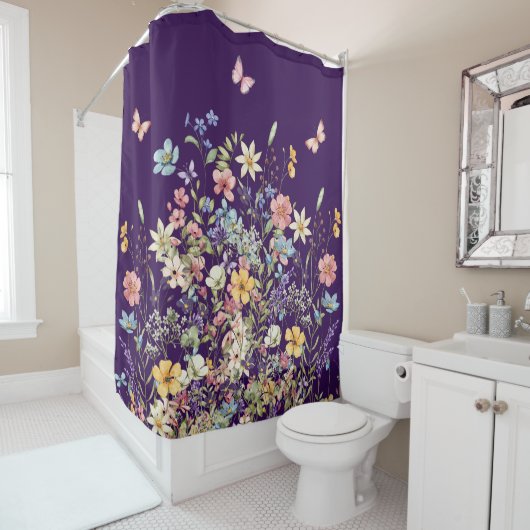 Rideaux De Douche Papillon Violet et Fleurs (En situation)