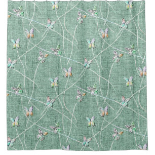 Rideaux De Douche Papillons à l'aquarelle sur fond vert menthe