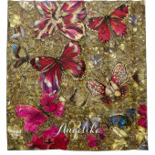 Rideaux De Douche Papillons Abstraits Gold et Fleurs rouges (Devant)
