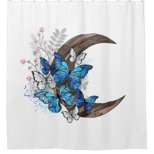 Rideaux De Douche Papillons bleus sur croissant en bois (Devant)