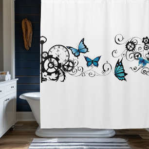 Rideaux De Douche Papillons bleus tribaux Steampunk engrenage tourbi