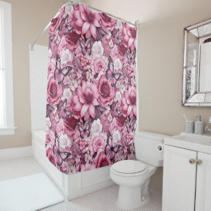 Rideaux De Douche Papillons et Fleurs dans des tons roses variés