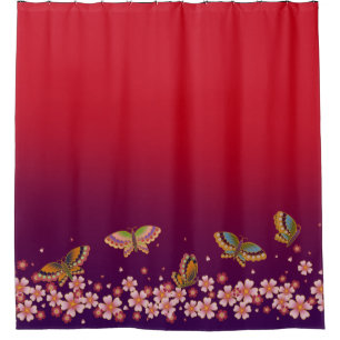 Rideaux De Douche Papillons Japonais Au Milieu De Sakura Fleurit Rou
