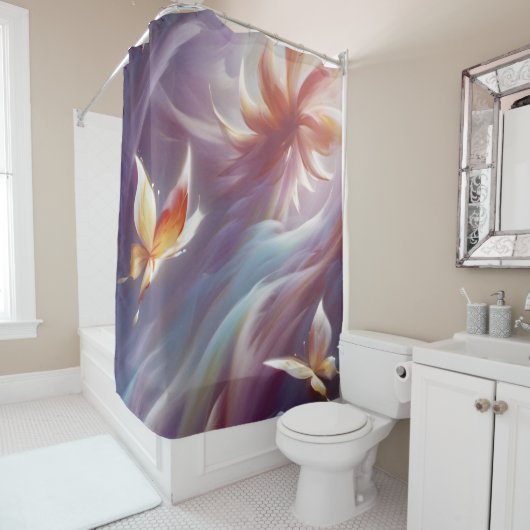 Rideaux De Douche Papillons stylisés et fleurs (En situation)