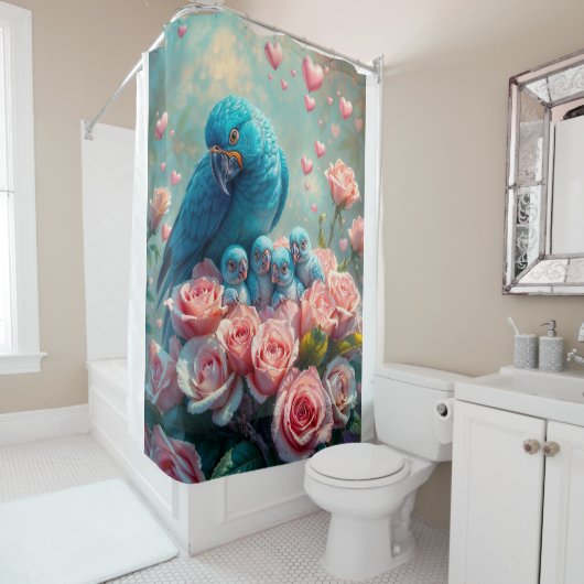 Rideaux De Douche Parrot bleu et bébés (En situation)