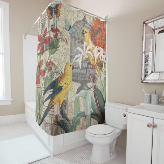 Rideaux De Douche Parrot Jaune Tropical Antique Fleur (En situation)