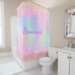 Rideaux De Douche Parties scintillant arc-en-ciel goutte rose monogr
