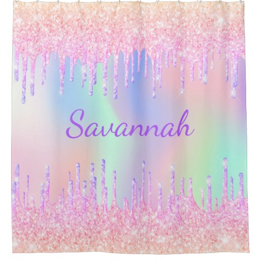 Rideaux De Douche Parties scintillant arc-en-ciel goutte rose monogr (Devant)