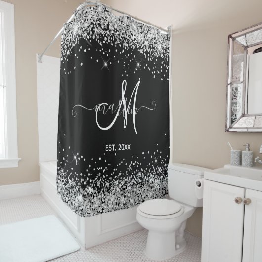 Rideaux De Douche Parties scintillant argent famille Monogramme noir (En situation)