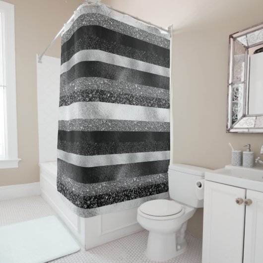 Rideaux De Douche Parties scintillant argentée et noire (En situation)